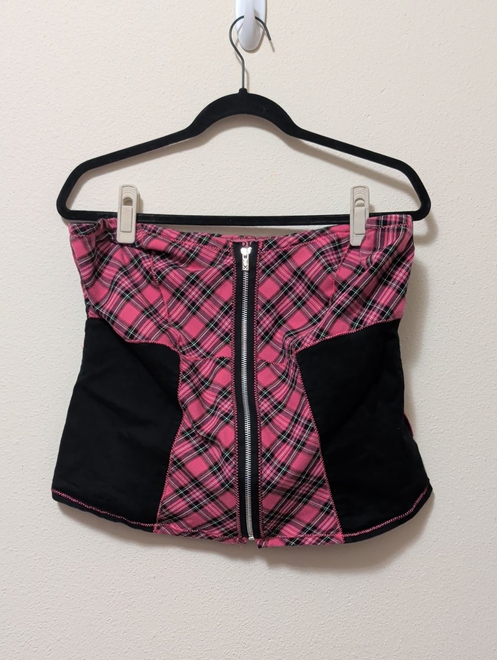 Tripp NYC Pink Plaid Zip-Front Crop Top with Black Panels